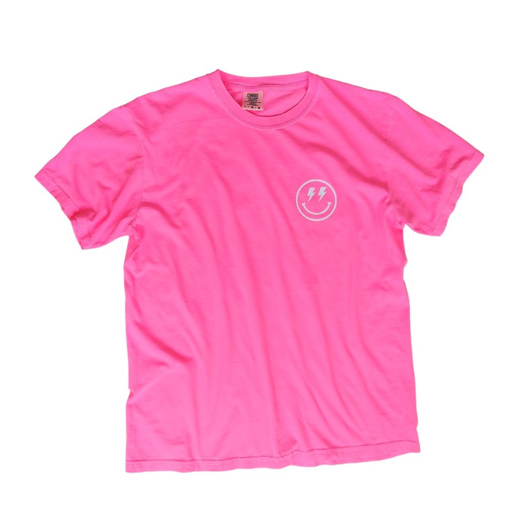 Neon Pink Smiley Face Checkerboard Lightning Bolt T-Shirt - Picture 5 of 10